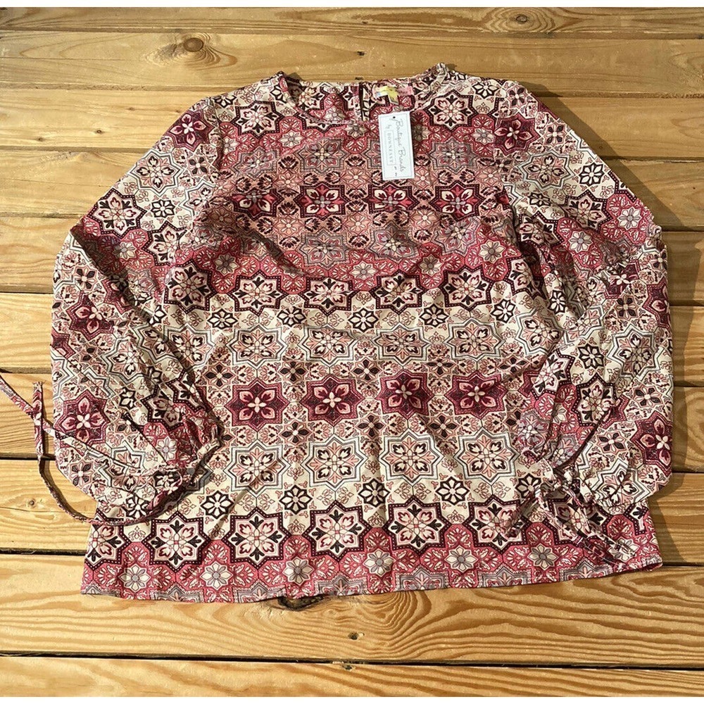 NWT Mimi & Daphne Patterned Tie Cuff Long Sleeve Blouse Small Women’s Red $36.99